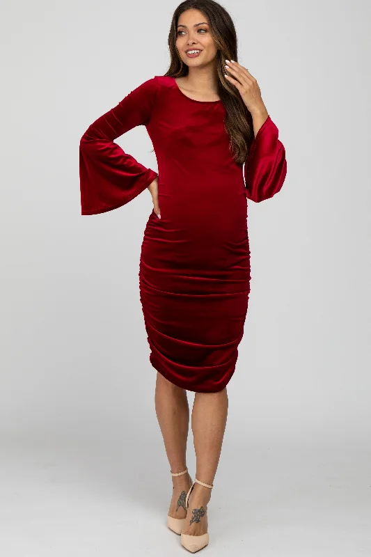 Red Velvet Ruched Bell Sleeve Maternity Dress Plus size unclassified dresses