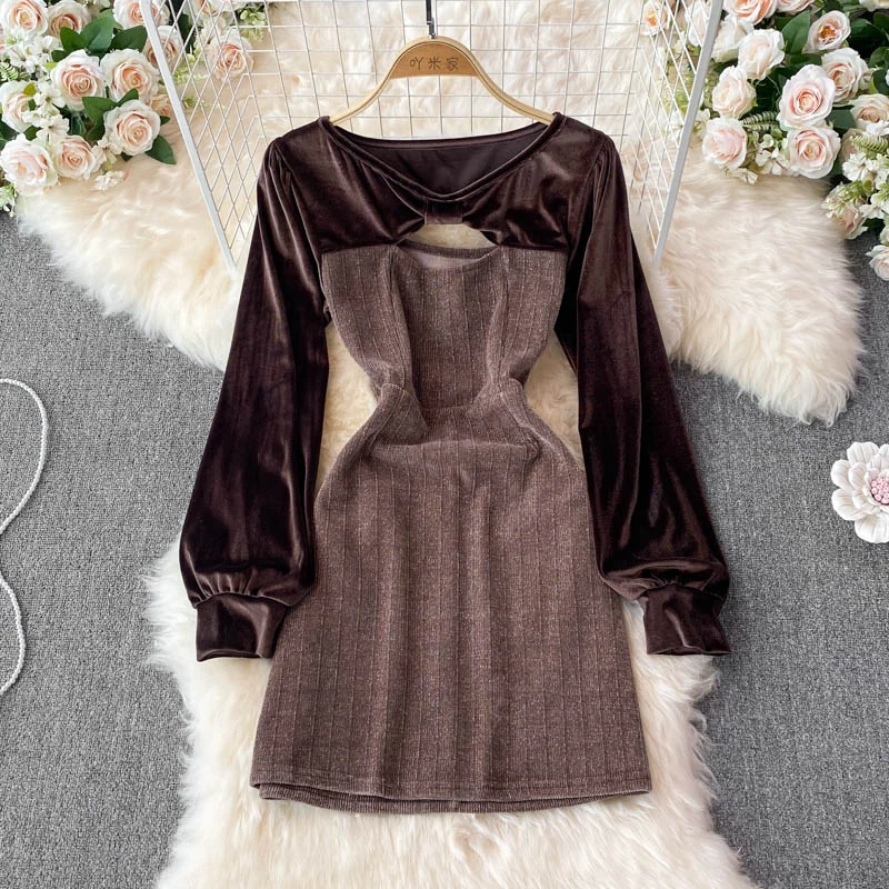 Round neck velvet patchwork French Vintage Dress  3395 Casual unclassified dresses