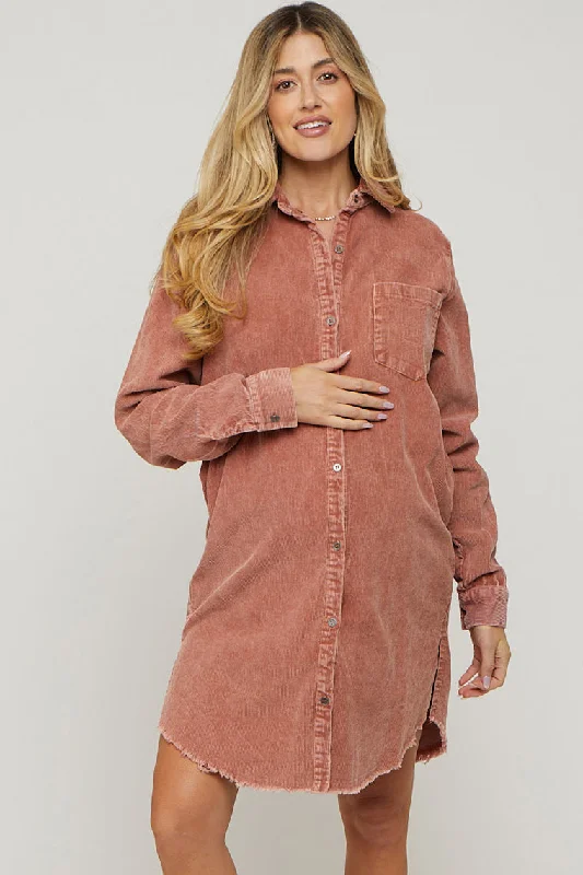 Rust Corduroy Button Down Collared Maternity Dress Trendy new unclassified dresses