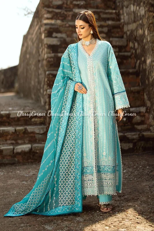 Sea Blue Lawn Embroidered 3pc Suit Backless unclassified dresses