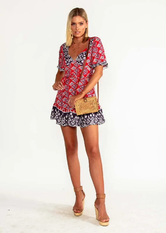 Seraphina Dress w/ Tie - Red Paisley Short unclassified dresses