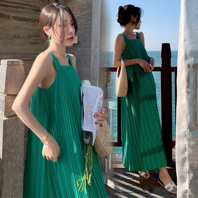 Sleeveless Wrinkle Sling Vest Dress (Color:Green Size:M) Spring unclassified dresses