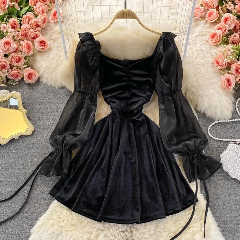 Square neck velvet waist puffy dress  3372 Open-back unclassified dresses