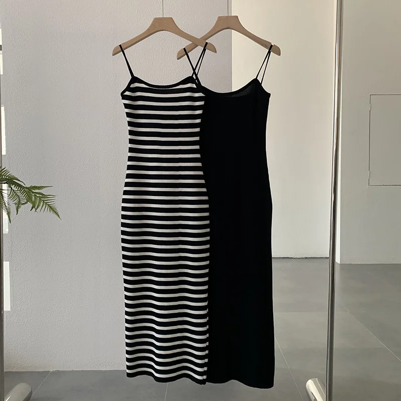 Summer Women Stripe Knitted Blocking Color Basic Sling Dress High-low unclassified dresses