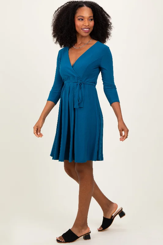 Teal 3/4 Sleeve Nursing Sash Tie Wrap Dress Best-selling unclassified dresses