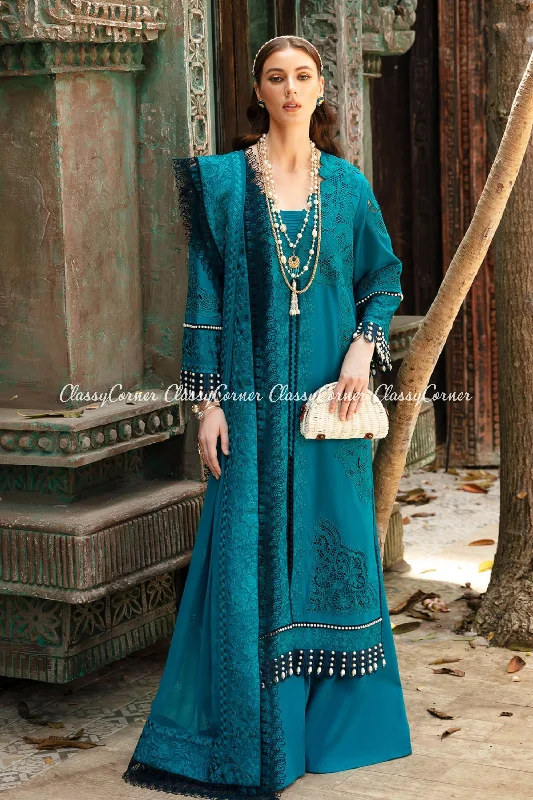 Teal Blue Lawn Embroidered Formal Wear Sharara Anniversary unclassified dresses