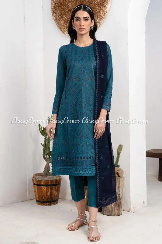 Teal Blue Lawn Embroidered Salwar Kameez Velvet unclassified dresses