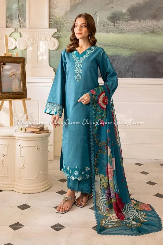 Teal Blue Lawn Embroidered Suit Y2K unclassified dresses