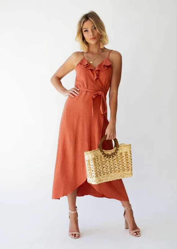 Toulouse Linen Wrap Dress - Terracotta Beaded unclassified dresses