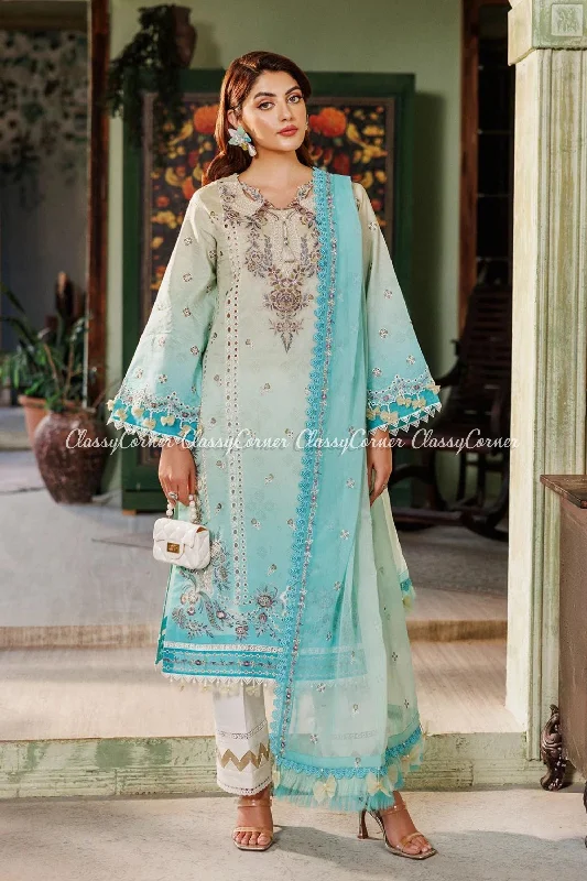 Turquoise Blue Lawn Salwar Kameez Embroidered unclassified dresses