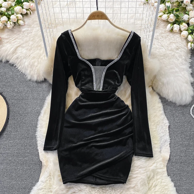 V-neck velvet with diamond waist slim sexy hip wrap dress  3742 Stylish unclassified dresses