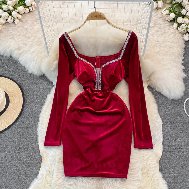 Velvet with diamond temperament, slim waist, sexy hip wrap dress  3750 Cocktail unclassified dresses