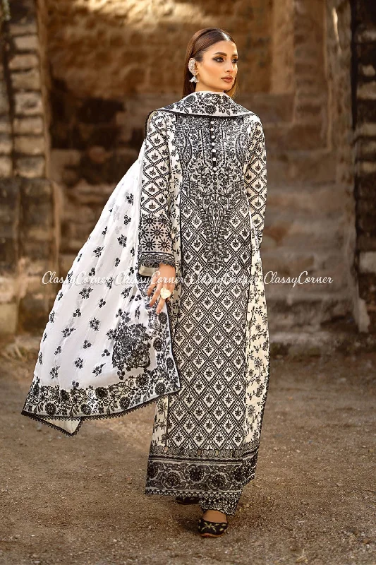 White Black Lawn Embroidered Salwar Kameez Satin unclassified dresses