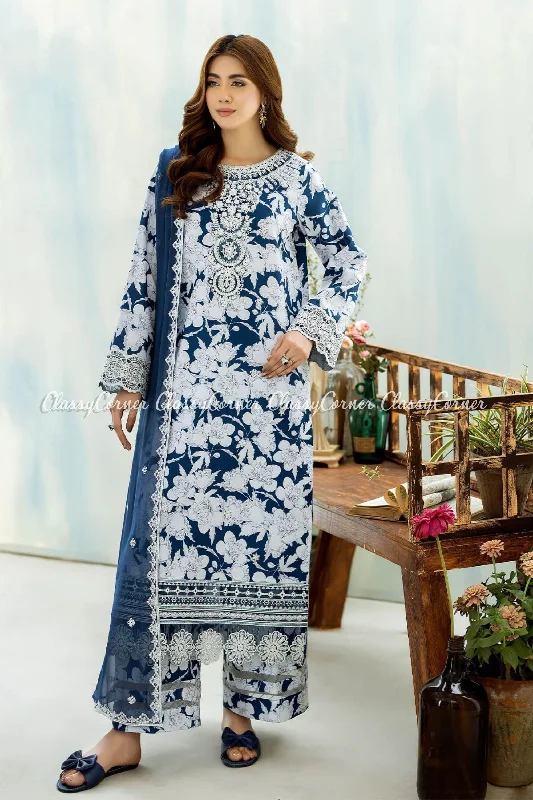 White Blue Lawn Readymade Suit Printed unclassified dresses