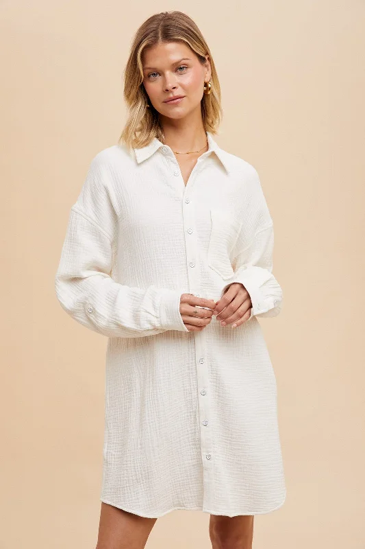 White Rolled Cuff Button Down Dress Fashionable unclassified dresses