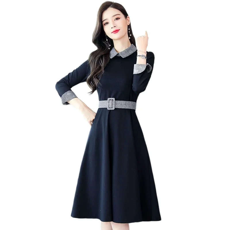 Women Elegant Slim A-line Stitching Large size 3XL Office Dress with Belt Vestidos Street style unclassified dresses