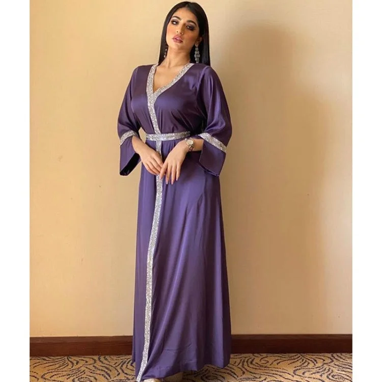 Women Robe With Diamond Belt (Color:Violet Size:XL) Mesh unclassified dresses