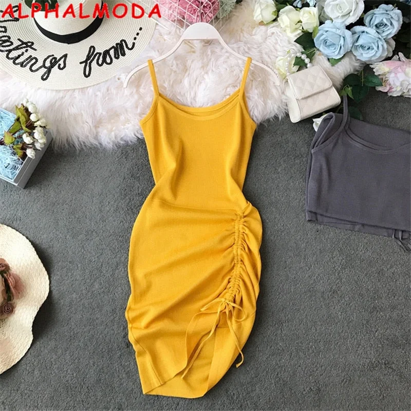 Women Solid Sling Knit Pullovers Slim Stylish Drawing String Dress Trendy new unclassified dresses