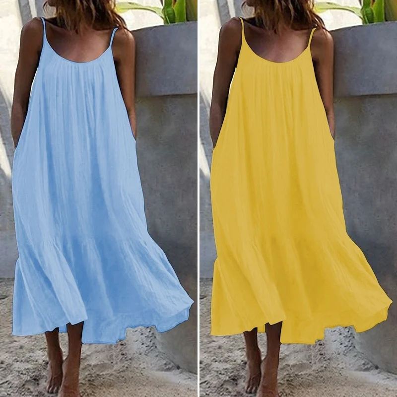 Women'S Fashion Boho Casual Solid Color Ruffle Loose Slip Dress Satin unclassified dresses