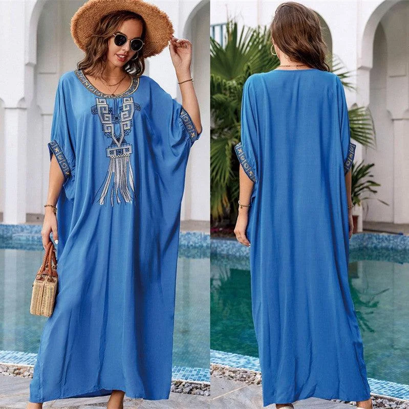 Women's Light Blue Rayon Embroidered Loose Robe Backless unclassified dresses