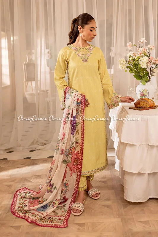 Yellow 3pc Lawn Salwar Kameez Open-back unclassified dresses