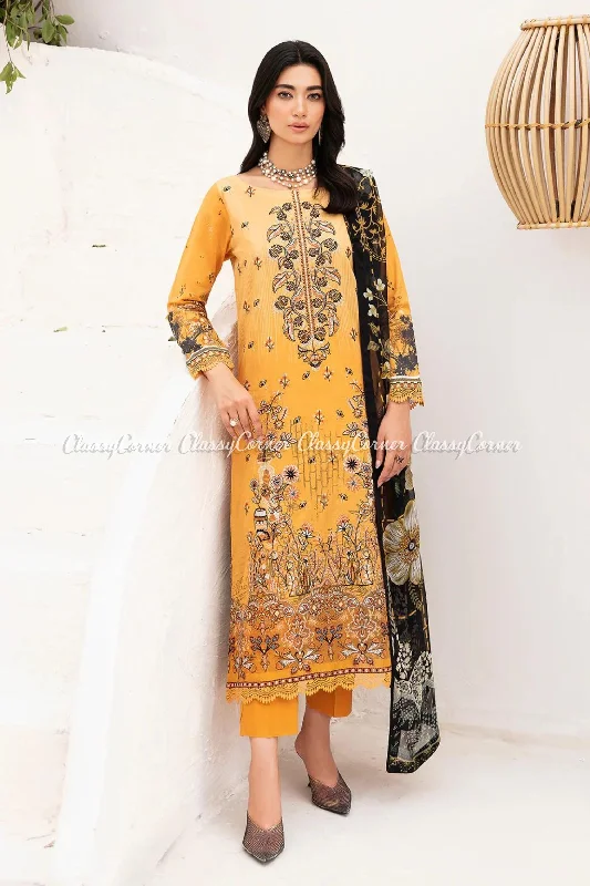 Yellow Black Pakistani 3pc Lawn Suit Y2K unclassified dresses