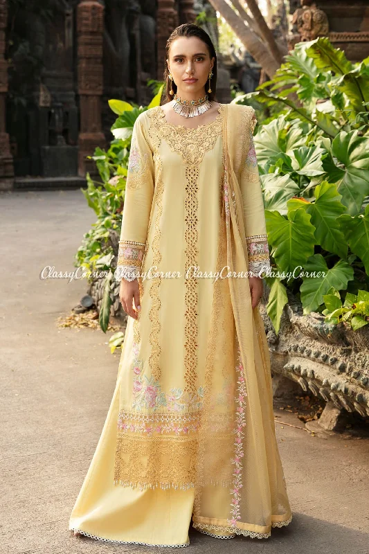 Yellow Lawn Embroidered Pakistani Sharara Satin unclassified dresses