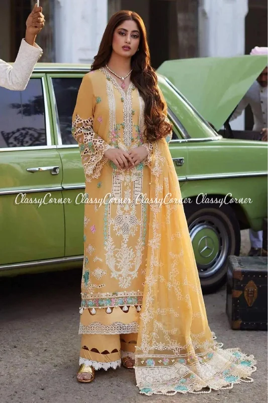 Yellow Lawn Embroidered Pakistani Suit Floral unclassified dresses