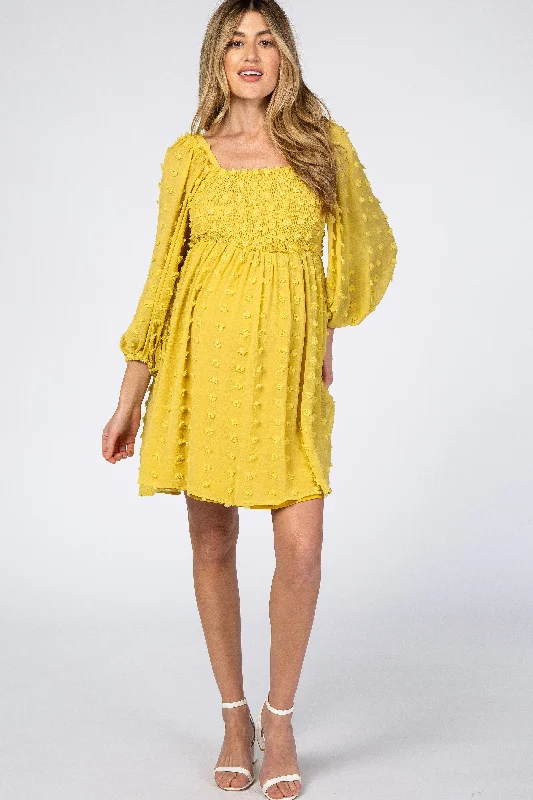 Yellow Textured Dot Smocked Square Neck Chiffon Maternity Dress One-shoulder unclassified dresses