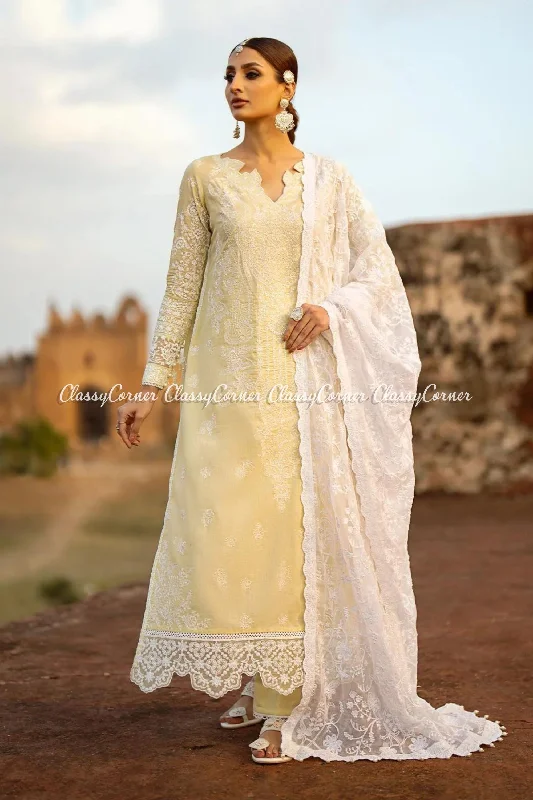 Yellow White Lawn Embroidered Suit Smocked unclassified dresses