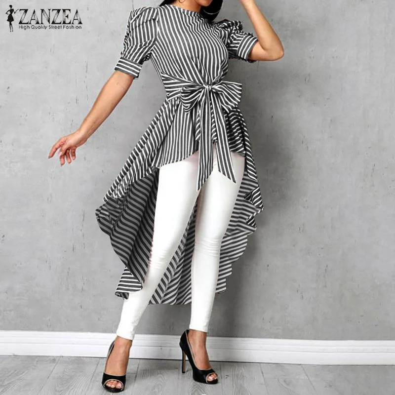 ZANZEA Summer Puff Sleeve Striped Tops High Low Bowknot Blusas Long sleeve unclassified dresses