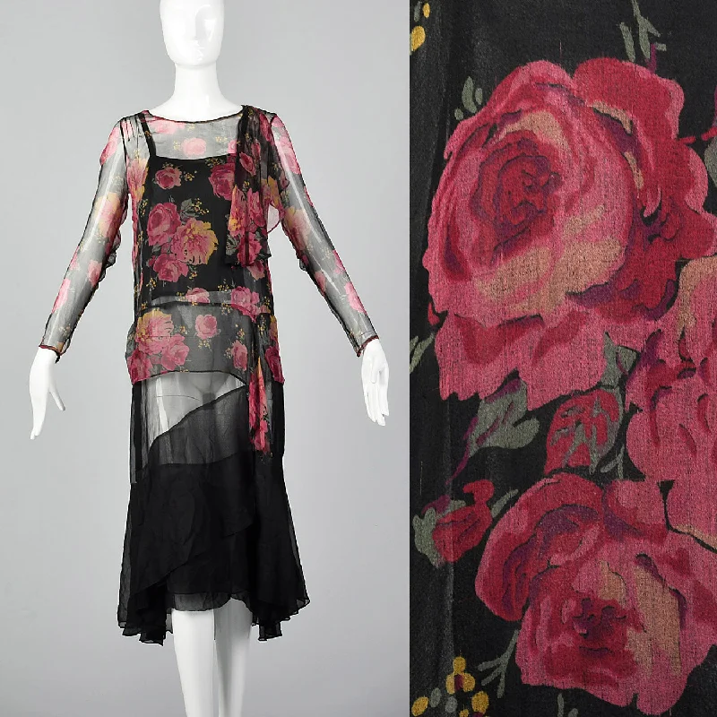 1930s Black Silk Slip Dress with Rose Print Top Vacation floral dresses