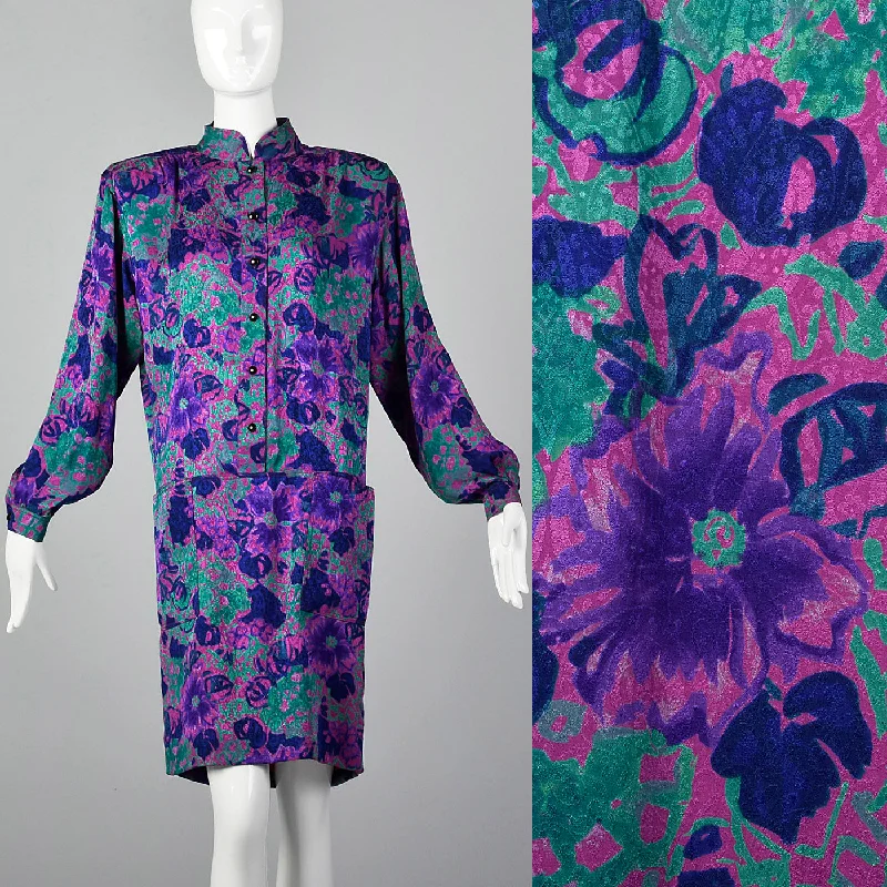 1980s Emanuel Ungaro Purple Floral Print Dress Best floral dresses for hourglass body shape