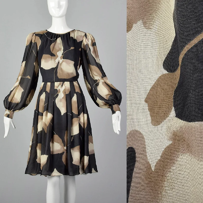 1980s Michael Novarese Tan Abstract Print Dress Budget-friendly floral dresses