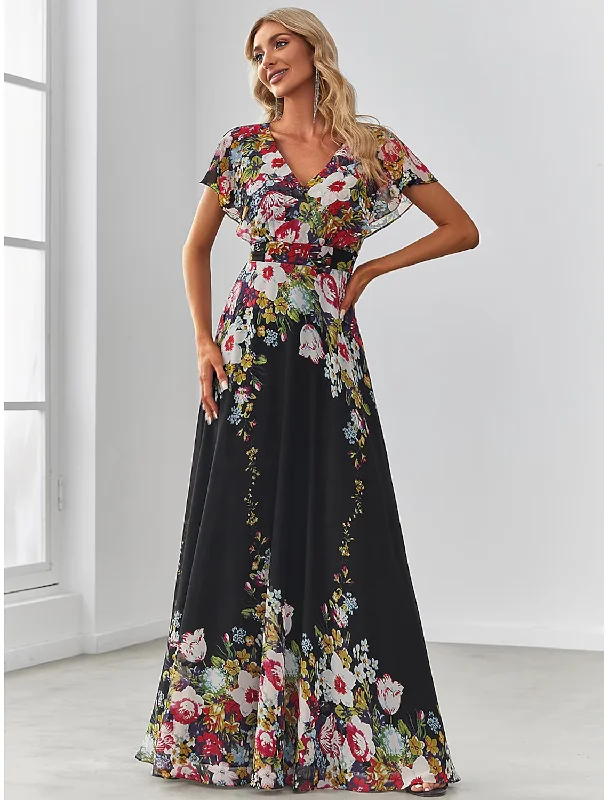 A-Line Evening Gown Elegant Dress Birthday Floor Length Short Sleeve V Neck Chiffon with Pattern Brunch floral dresses