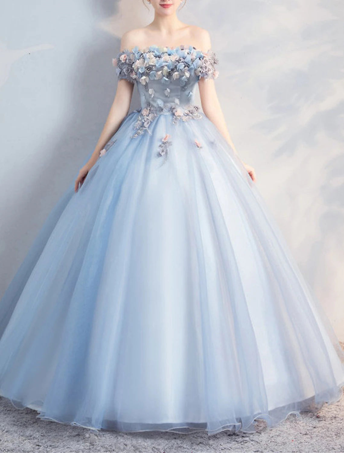 Ball Gown Floral Puffy Quinceanera Prom Dress Off Shoulder Short Sleeve Floor Length Polyester with Appliques Tulle floral dresses