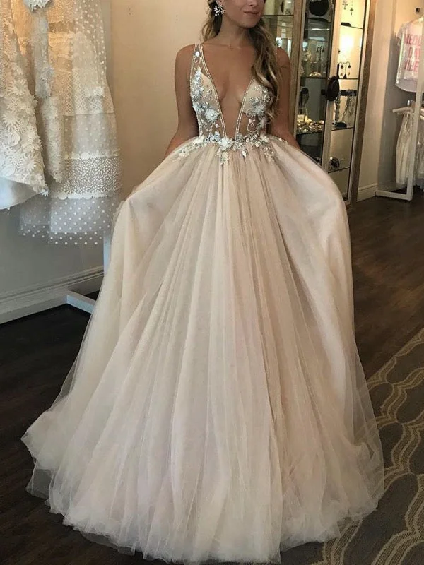 Deep V-neck Beaded Tulle Prom Dresses, Elegant Floral 2020 Newest Long Prom Dresses Cottagecore floral dresses