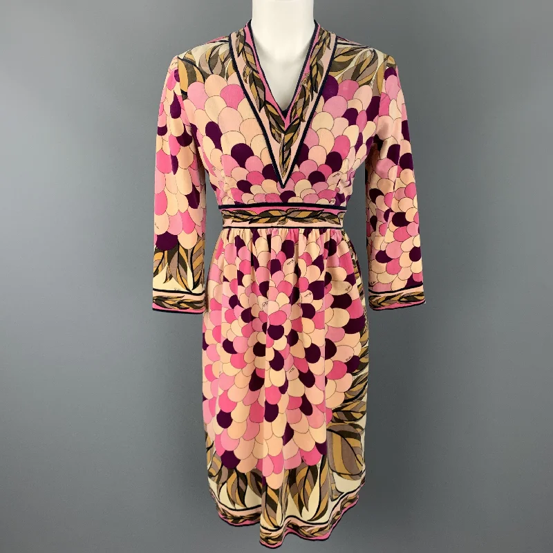 EMILIO PUCCI Vintage Size 10 Pink Print Velvet A Line Long Sleeve Dress Girls' floral dresses