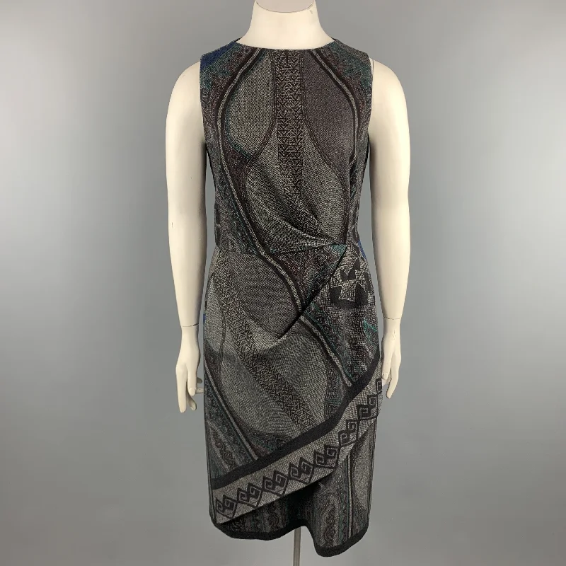 ETRO Size 12 Grey Printed Wool Blend Sleeveless Drape Shift Dress Y2K floral dresses