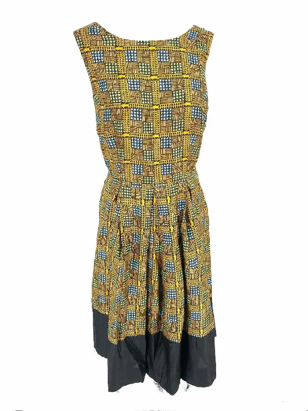 Girls From Savoy Women's Mustard/Blue Empire Silk Print Size 6 Dress Brunch floral dresses