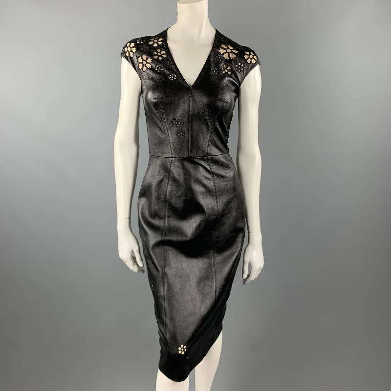 REEM ACRA Size 4 Black Leather Floral Cutout  Cocktail Dress Cute floral print summer dresses