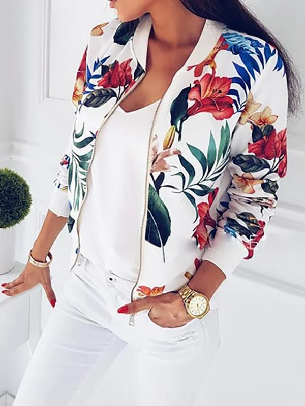 Flowers Colorful Zipper Casual Blouson Bomber Jacket Aviator Jacket Short Women Fashion Ripped Denim Skirt