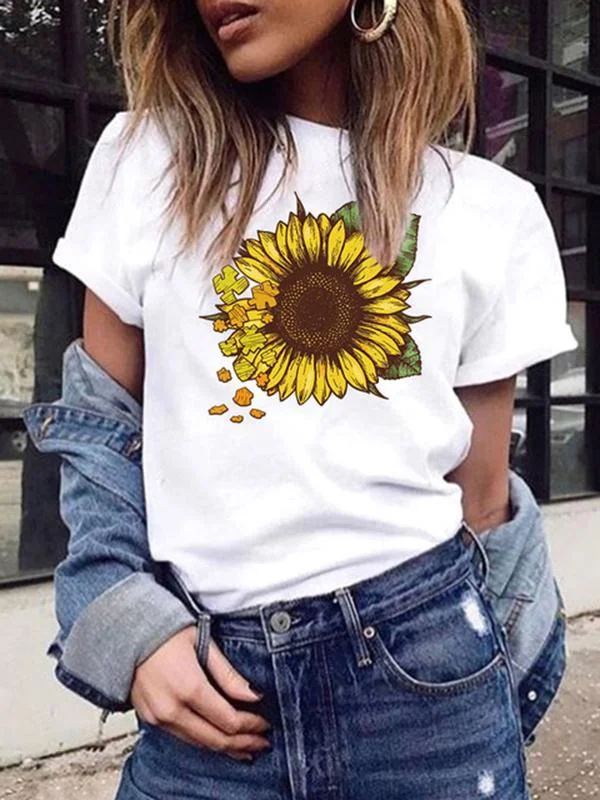 Floral Print Round Neck Short Sleeve Casual Women Tops T-Shirt Tops Leather Mini Skirt