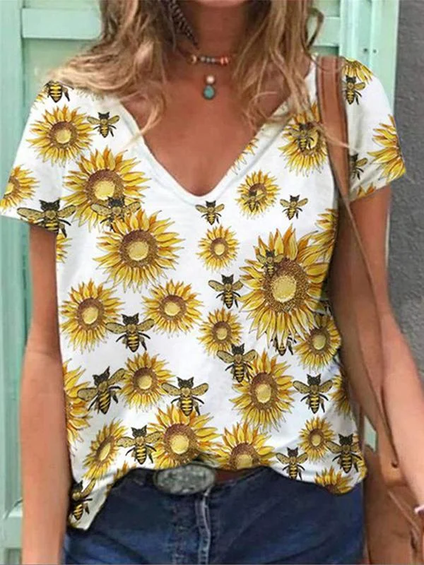 Floral V-Neck Short Sleeve T-Shirt Regular Women's Fashion Top Comfortable Mini Skirt