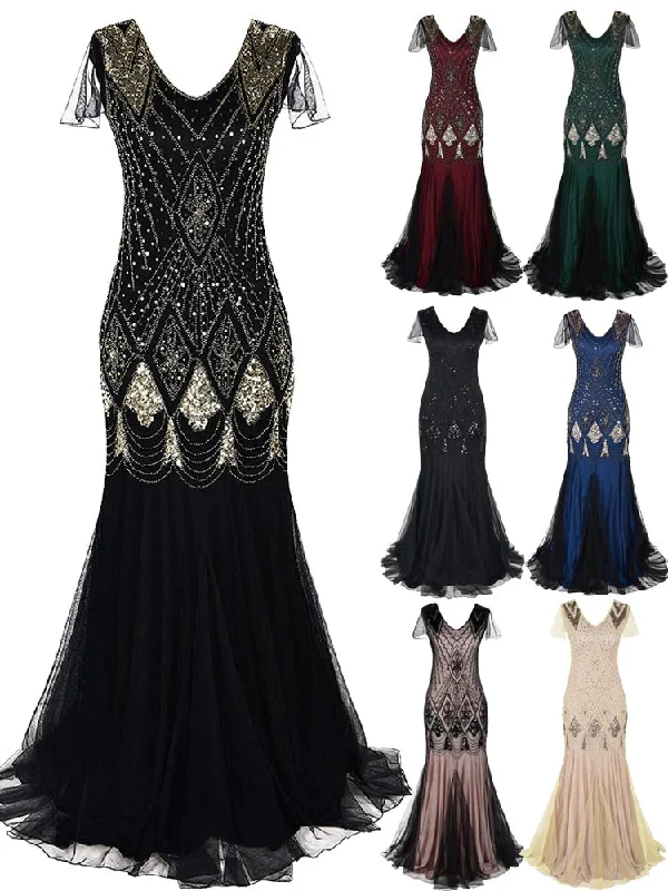 Formal Retro 1920s Sequin Evening Dress V-Neck Short Sleeve Mesh Bead Fishtail Skirt Sleek Mini Skirt