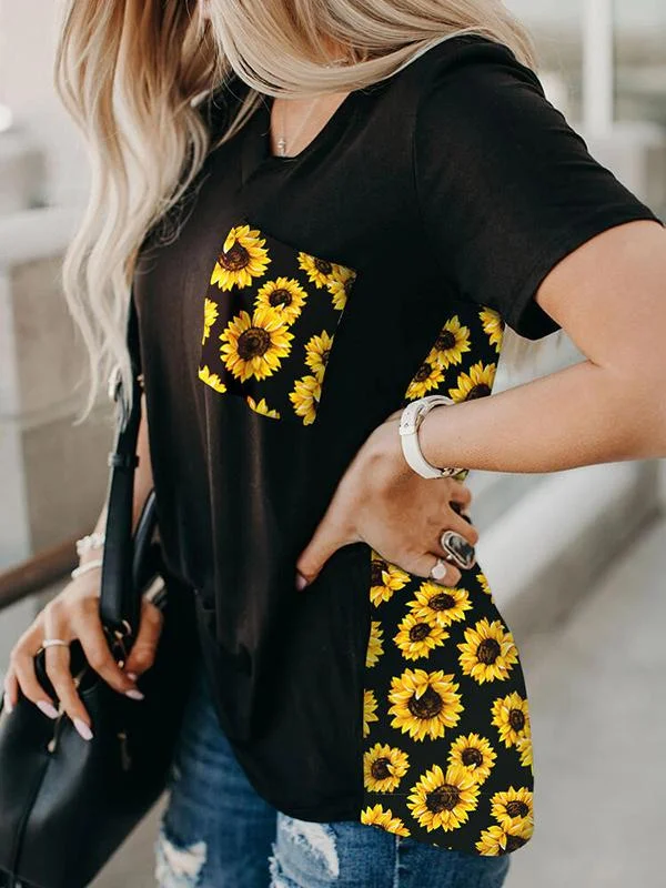 Sunflower Pockets V-neck Short Sleeve Casual Maternity T-Shirt Mini Skirt Set