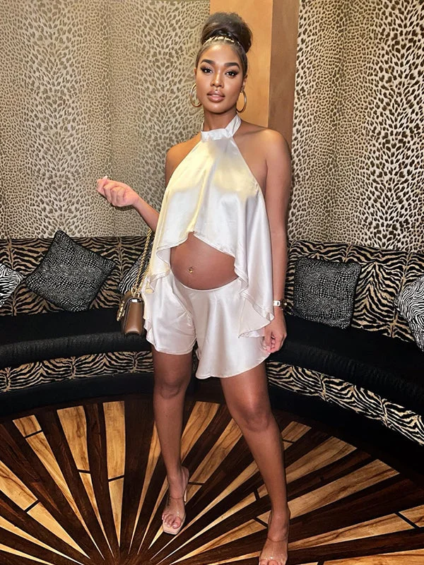 Momyknows Champagne Satin Cut Out Backless Halter Neck Crop Top And Shorts Chic Going Out Maternity Vacation Jumpsuit High-waist Skirt Trend