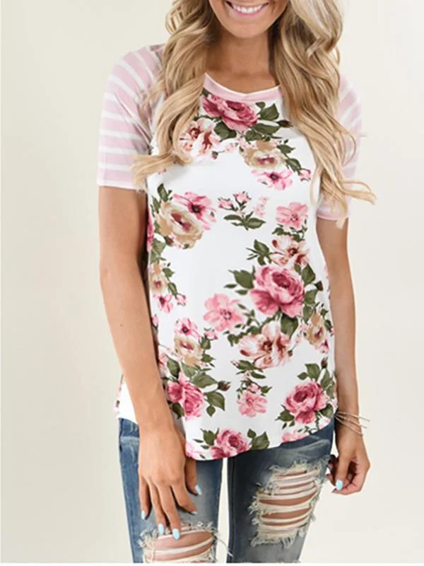 Floral Pockets Comfy Round Neck Short Sleeve Maternity T-Shirt Soft Mini Skirt