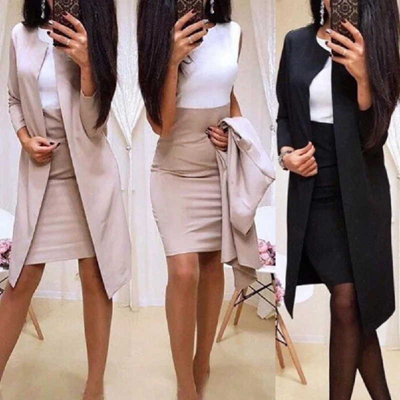 Sell 2pcs Suits With Skirt Office Lady Autumn Solid Color Long Blazer Jacket Bodycon Mini Skirt Suit  Mini Skirt Suit Wrap Mini Skirt