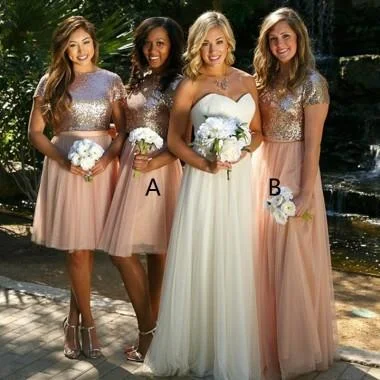 Short Sleeves Sequin Top Tulle Skirt Custom Cheap Bridesmaid Dresses Online, WG370 Summer Mini Skirt